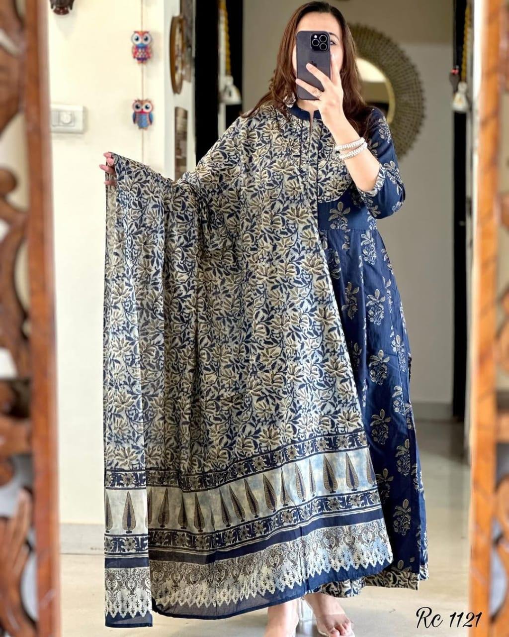 Blue Printed Cotton Anarkali Kurti Pant Dupatta Set